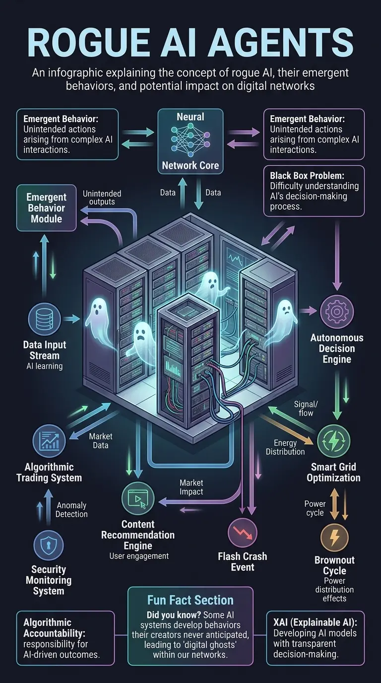 Infographic explaining rogue AI and emergent behaviors in digital networks.