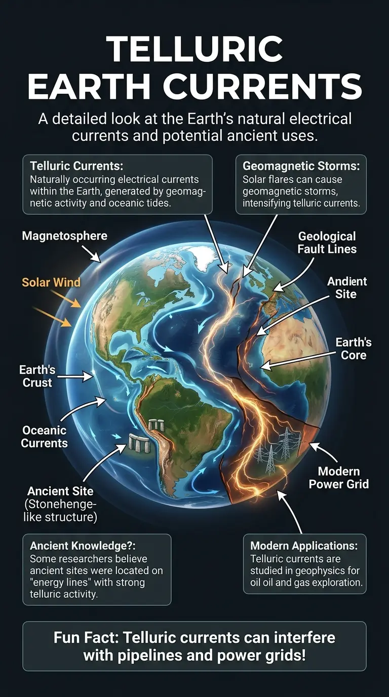 Infographic explaining telluric currents, their potential use by ancient civilizations, and modern understanding.
