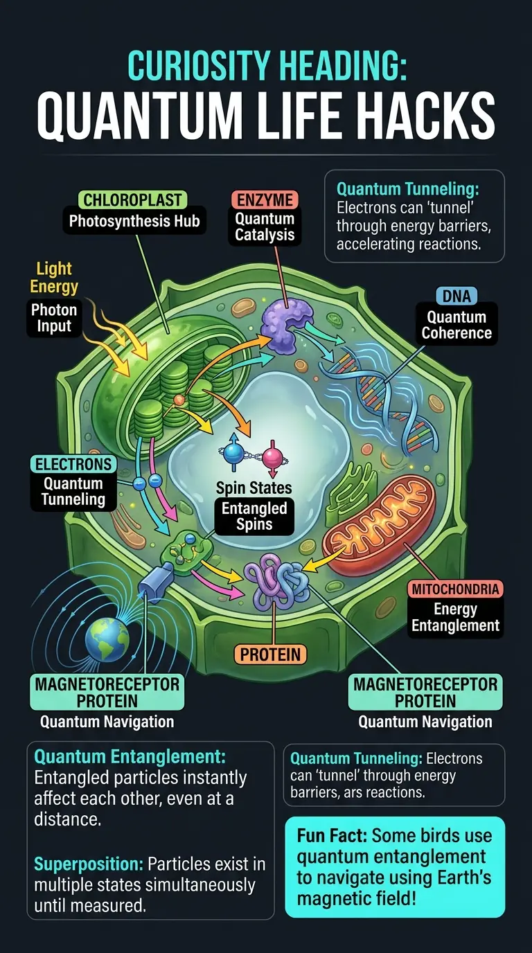 Detailed infographic explaining the core concepts of Quantum Biology, including quantum tunneling, entanglement, and their role in photosynthesis, enzyme catalysis, and magnetoreception. #quantumbiology #science #infographic #biology #quantumphysics