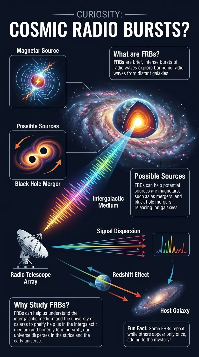 Infographic explaining the science of Fast Radio Bursts (FRBs), mysterious and powerful signals from deep space.