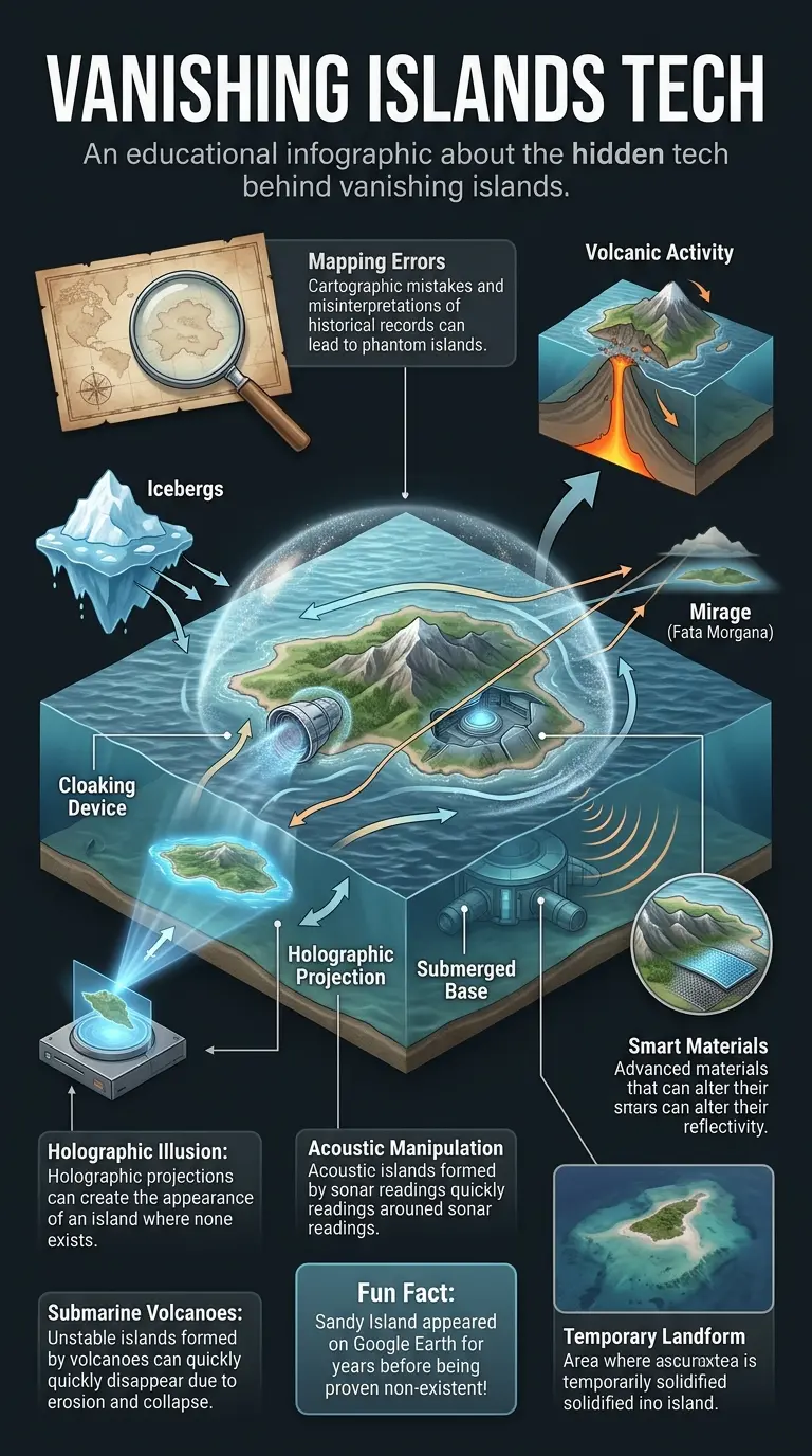 Infographic explaining the mystery of vanishing islands and exploring theories involving advanced technology, cartographic errors, and natural phenomena.