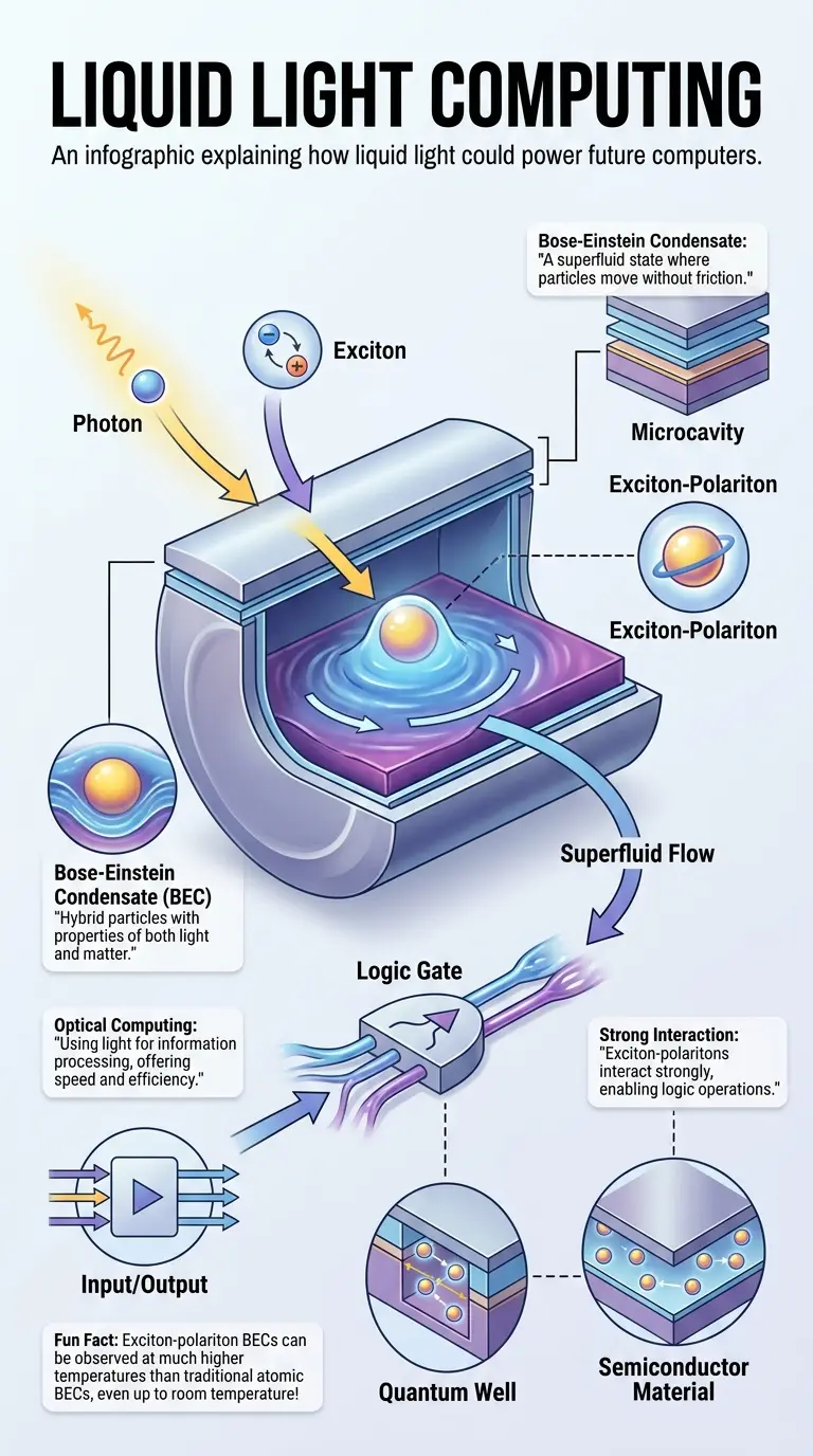 Infographic explaining liquid light computing, its components, and potential applications in future computers.