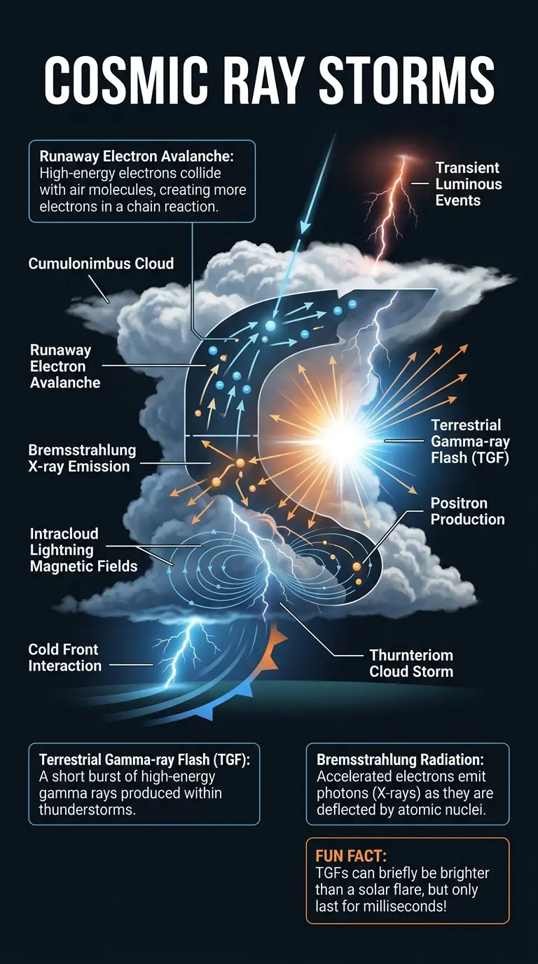 Infographic explaining Terrestrial Gamma-ray Flashes (TGFs), showing the process of how thunderstorms can generate high-energy cosmic rays.