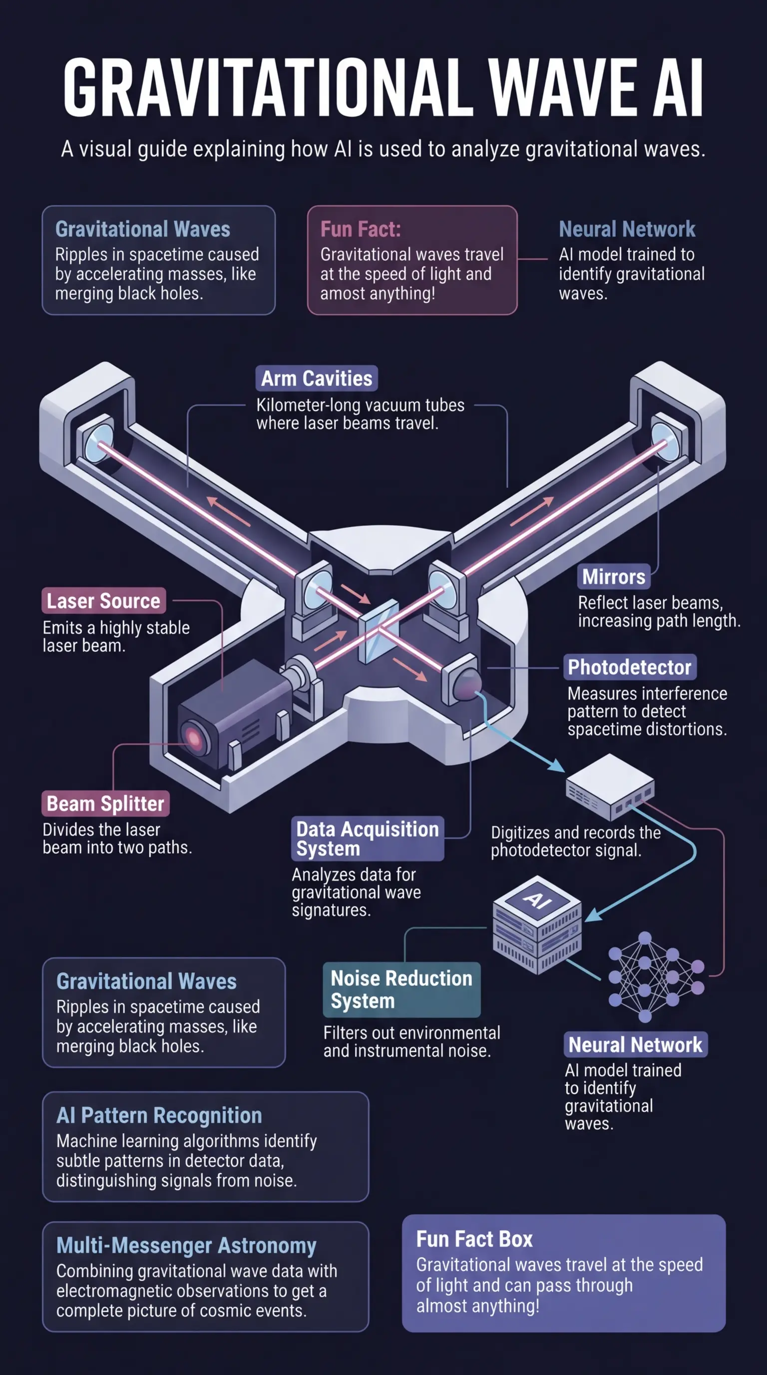 Infographic explaining how Artificial Intelligence is used to decipher gravitational waves, including detection methods, applications, and challenges.