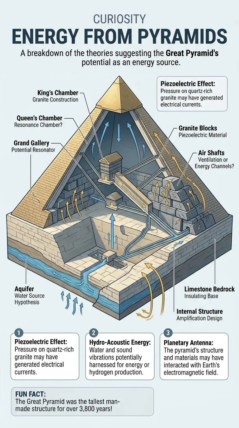 Infographic explaining the theory of ancient pyramids as energy generators, detailing piezoelectric effects, hydro-acoustic energy, and antenna functions.