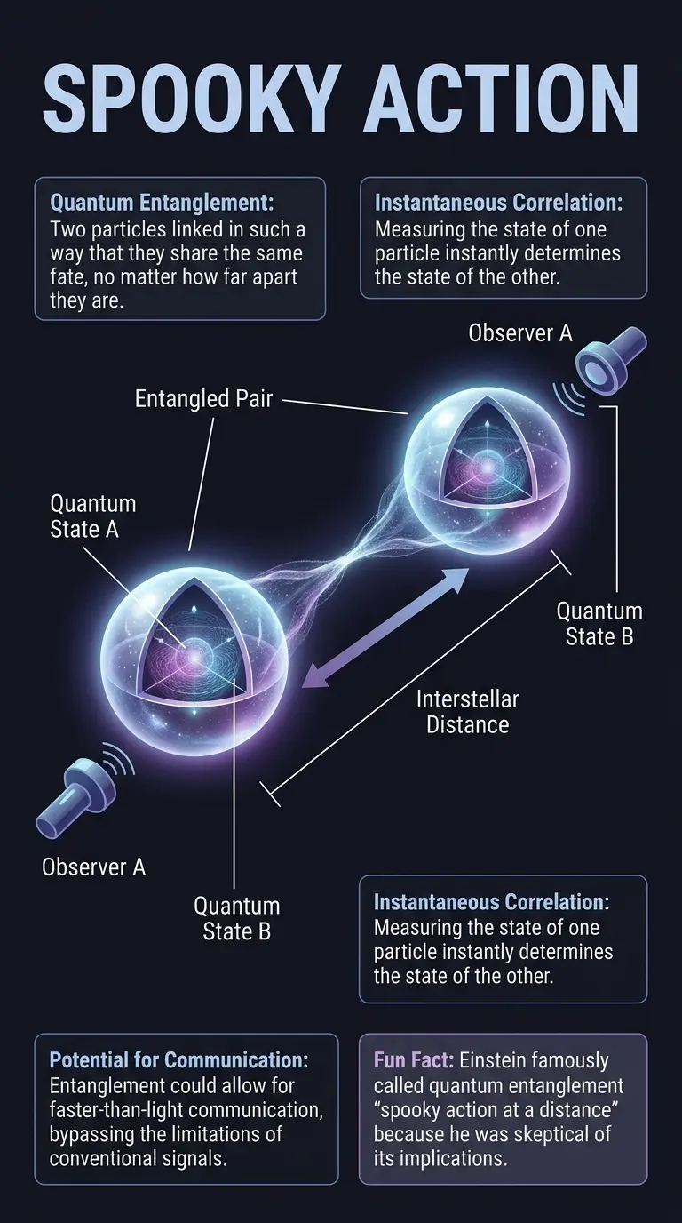 Infographic explaining quantum entanglement and its potential use in interstellar communication, featuring labeled components, directional arrows, and explanation boxes.