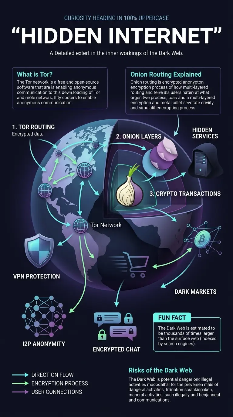 Infographic explaining the inner workings of the Dark Web, its components, and security measures.