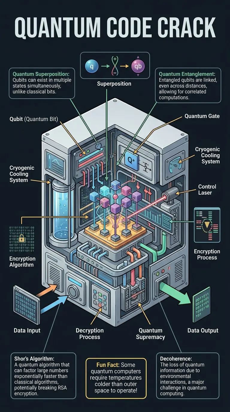 Detailed infographic explaining how quantum computers could potentially break encryption, showing the internal workings of a quantum computer and its interaction with encrypted data.