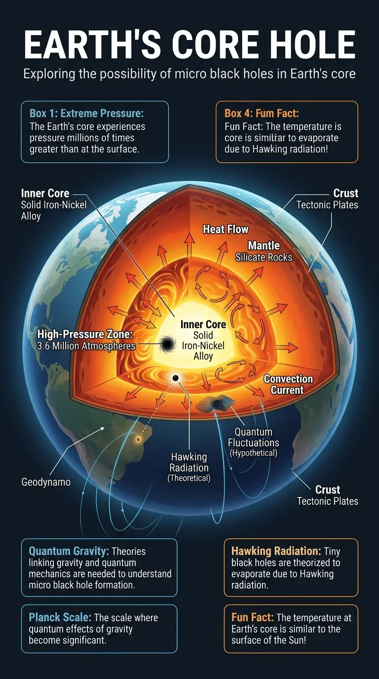 Infographic explaining the possibility of micro black holes forming in Earth's core, detailing extreme conditions, quantum gravity, and reasons why it's unlikely.