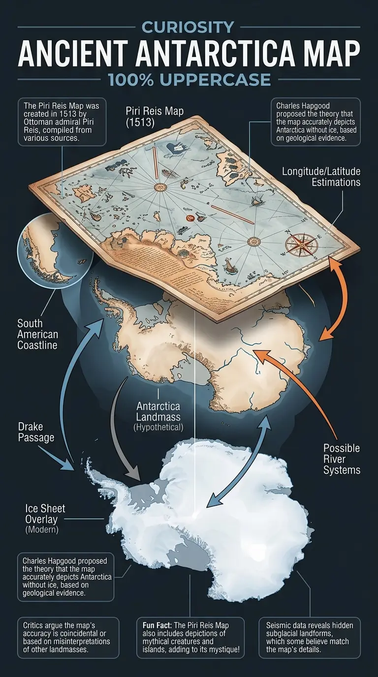 Piri Reis Map Infographic: Exploring the controversial theory that the ancient Piri Reis map accurately depicts Antarctica without ice, challenging conventional historical understanding.