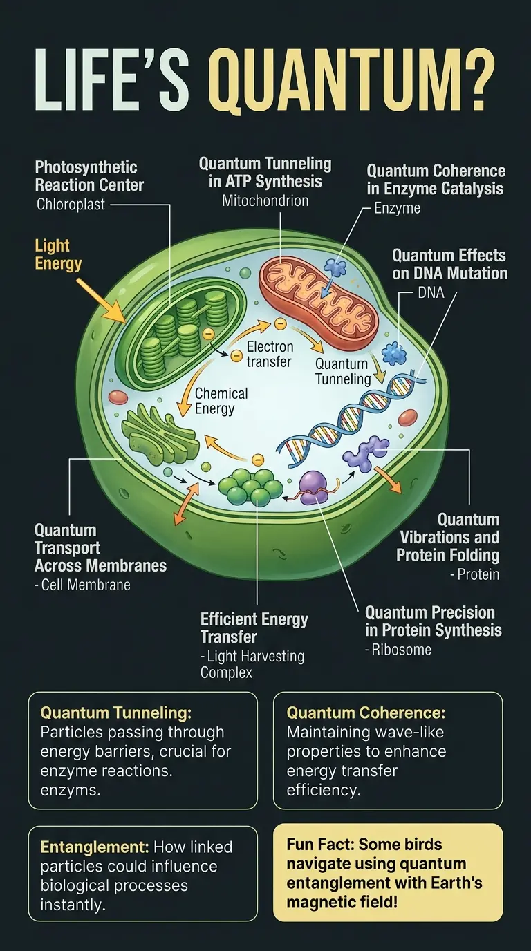 Educational infographic explaining the key components and processes of quantum biology, showcasing how quantum mechanics influence biological processes within living organisms.