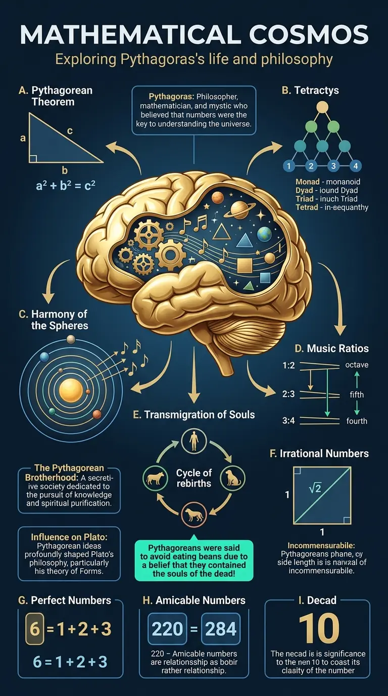 Detailed infographic explaining Pythagoras's life, philosophy, and contributions to mathematics, music, and cosmology. #Pythagoras #AncientPhilosophy #Mathematics #Infographic