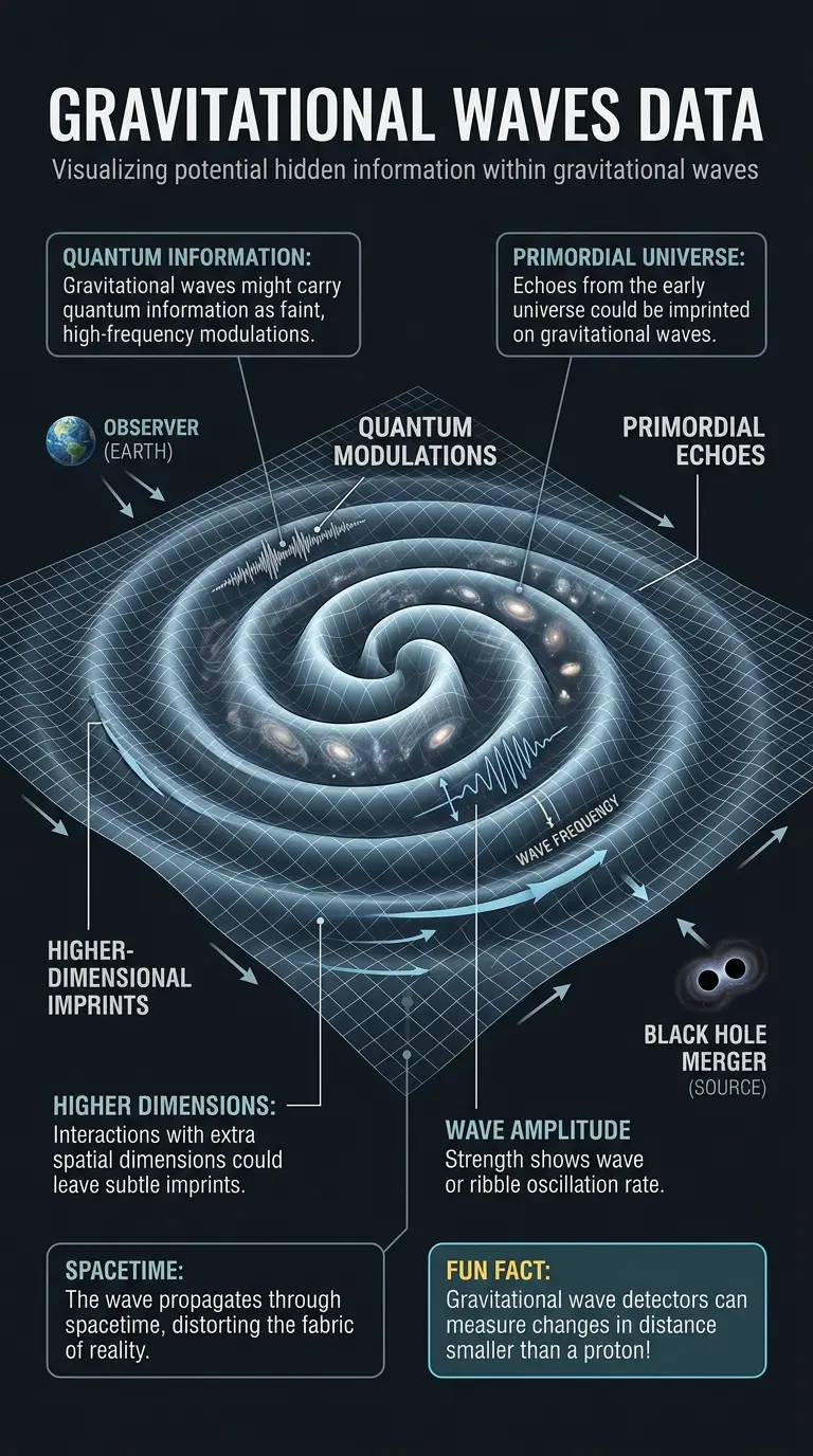 Detailed infographic explaining how gravitational waves might carry hidden information about the universe, including quantum modulations, echoes from the primordial universe, and higher-dimensional imprints.