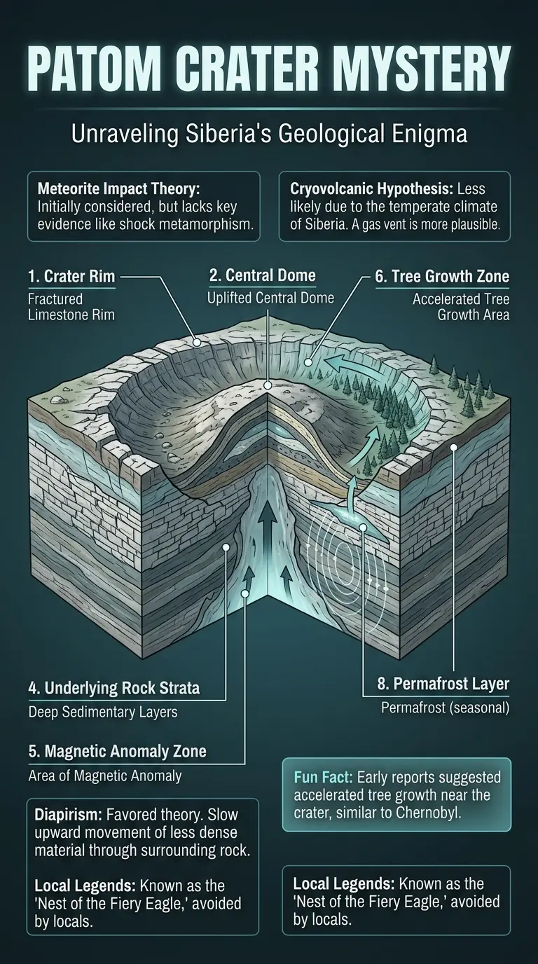 Infographic explaining the Patom Crater in Siberia, its geological theories, local legends, and potential unseen energy sources.