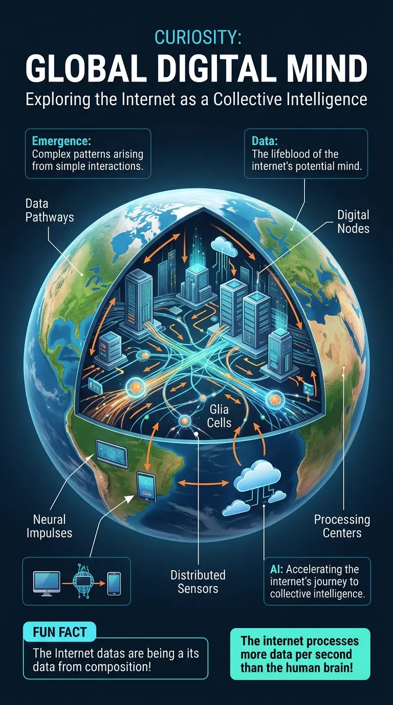 Infographic explaining the concept of the internet developing a collective mind, comparing it to a biological brain, and exploring the implications of such a development.