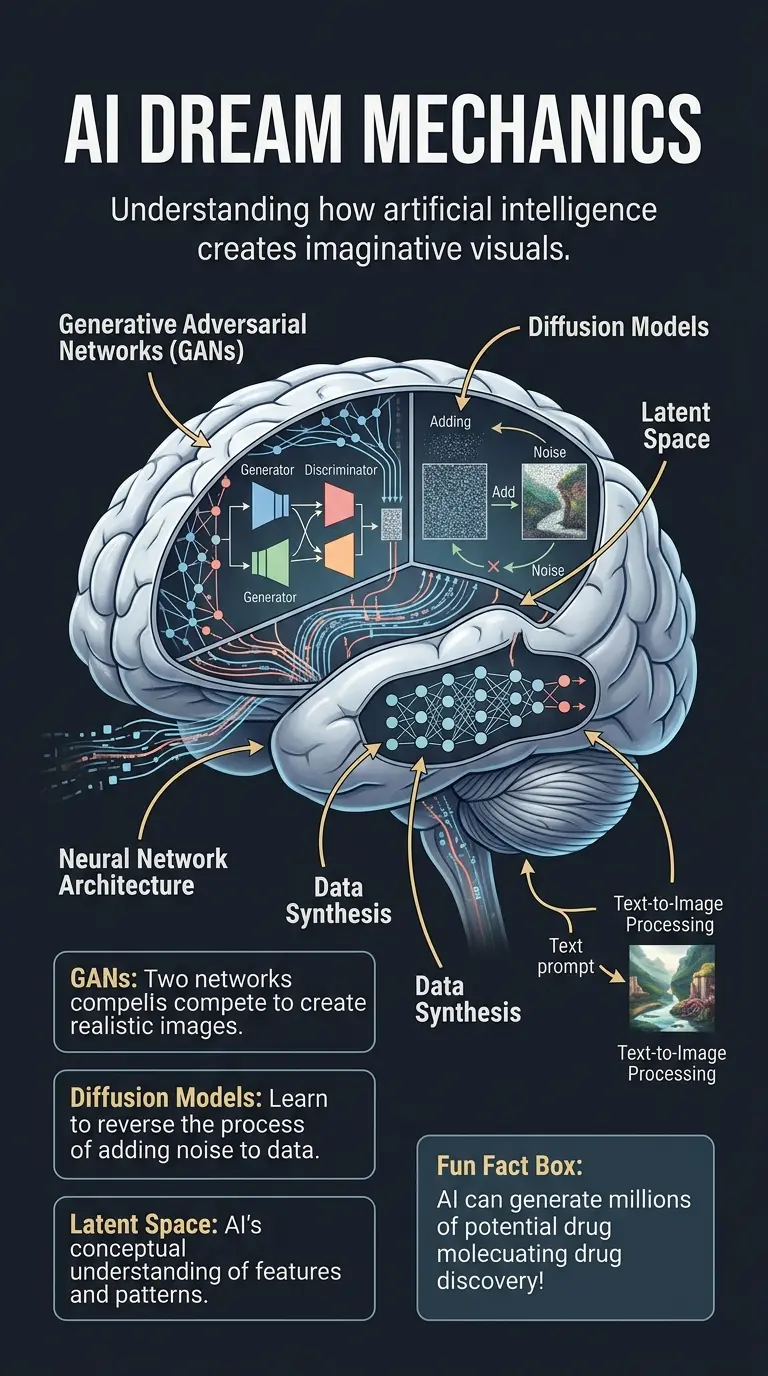 Infographic explaining how AI crafts digital dreams, including neural network architecture, GANs, diffusion models, and applications in art, science, and technology.