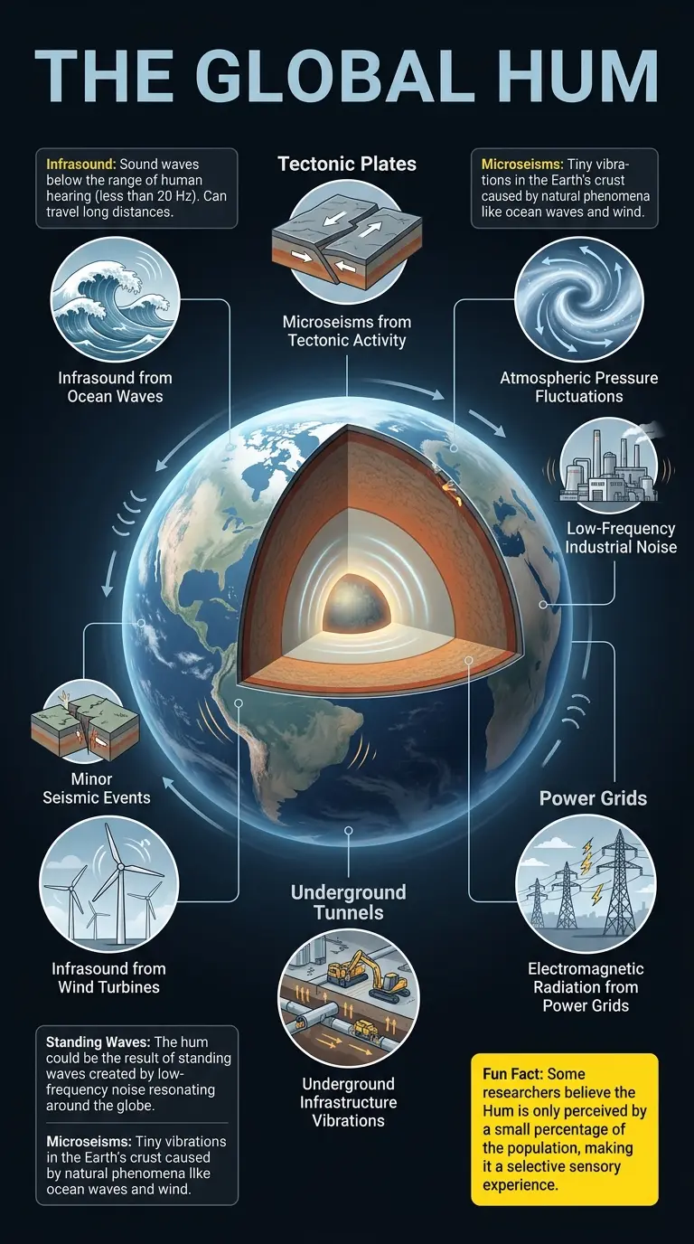 Infographic explaining possible causes of the mysterious global Hum, a low-frequency sound heard worldwide.
