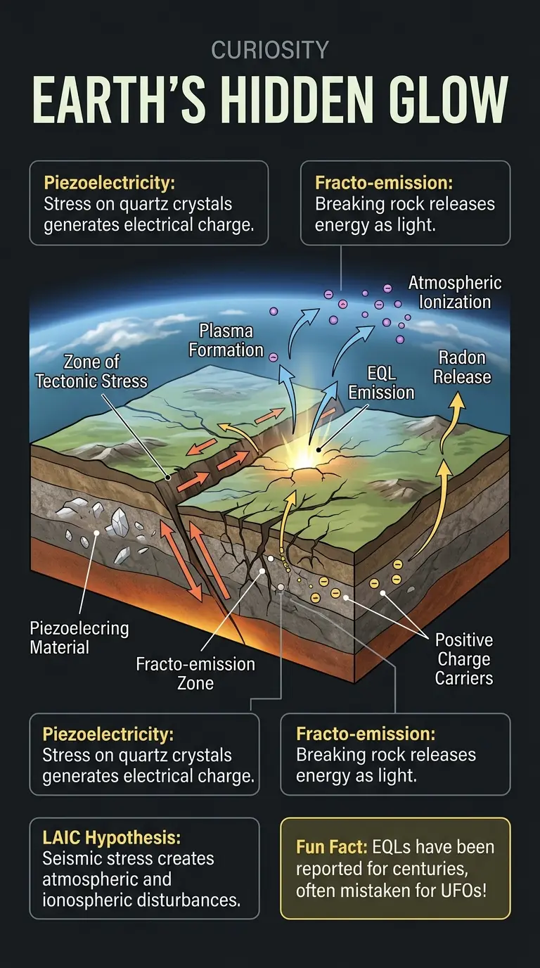 Infographic explaining the science behind Earthquake Lights (EQLs), including piezoelectricity, fracto-emission, and lithosphere-atmosphere-ionosphere coupling, and their potential for earthquake prediction. #earthquakelights #seismicactivity #geophysics