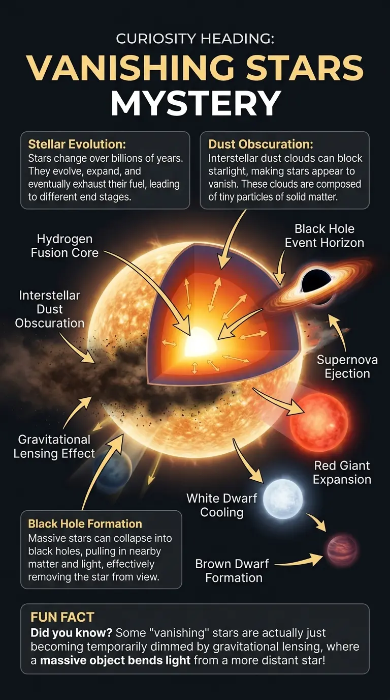 Infographic explaining the potential causes for stars disappearing from the night sky, including explanations of stellar evolution, dust obscuration, and black hole formation.