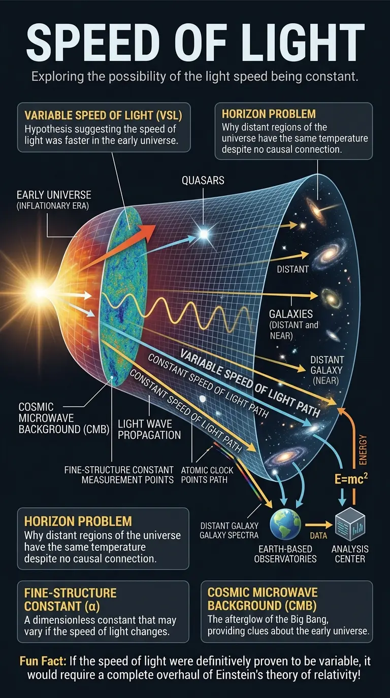 Infographic explaining the variable speed of light (VSL) hypothesis, exploring evidence, arguments, and implications for future technology. #speedoflight #physics #cosmology