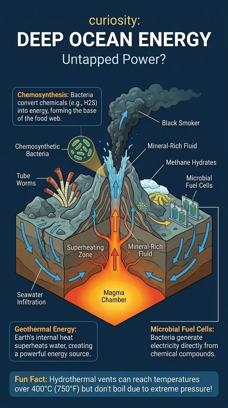Infographic explaining how hydrothermal vents in the deep ocean could be a source of untapped, clean energy.