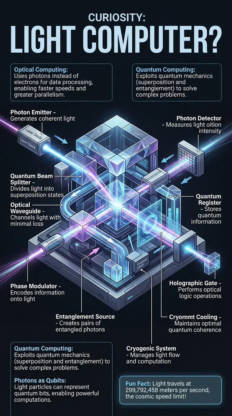 Infographic explaining how light can be used for computing, exploring optical and quantum optical computing concepts.