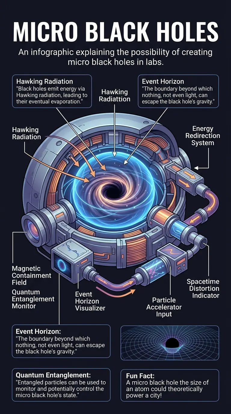 Educational infographic explaining the science, potential uses, and challenges of creating micro black holes in laboratories for energy and computing applications.
