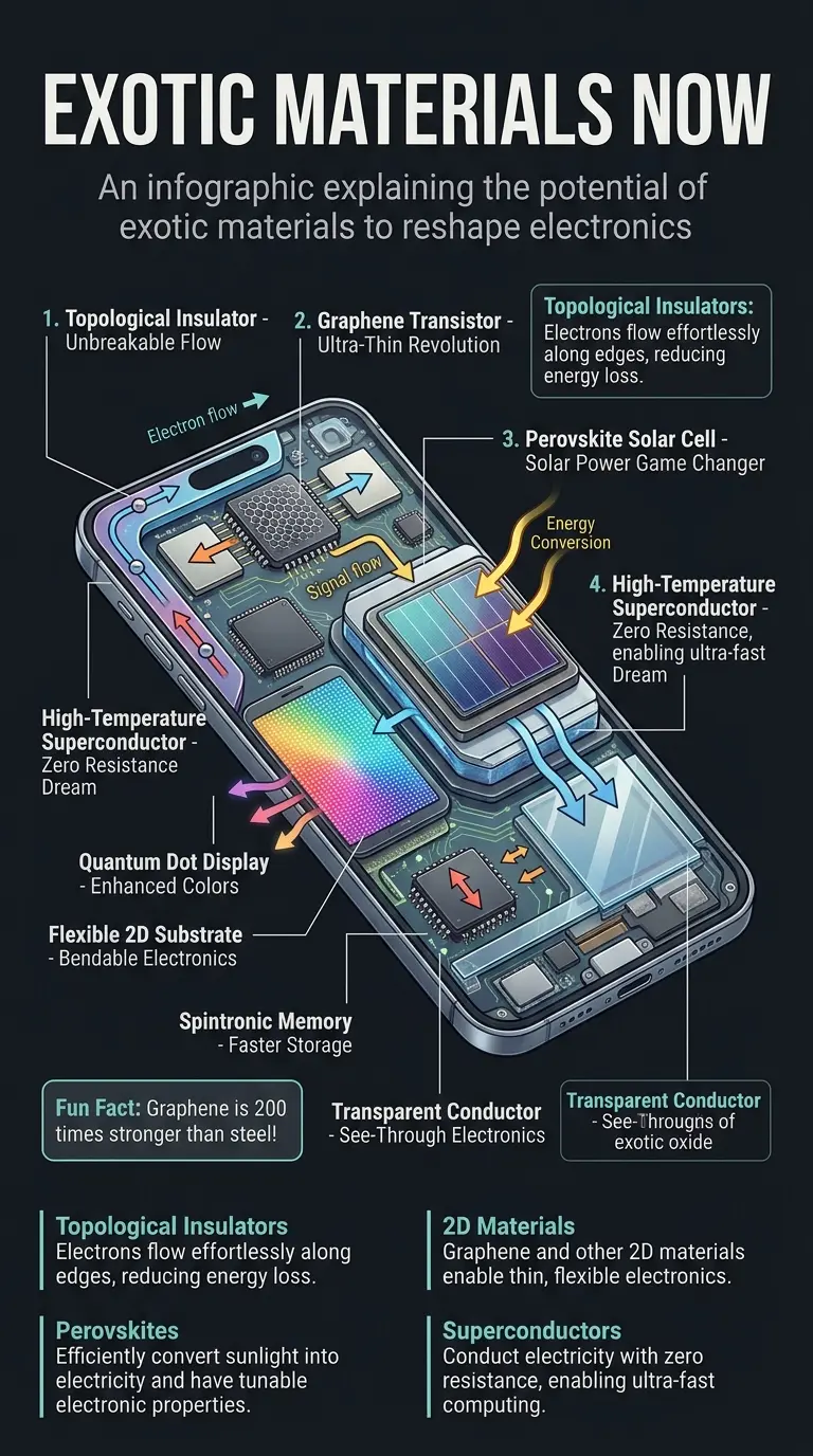Infographic explaining exotic materials and their potential to reshape electronics, including topological insulators, 2D materials, perovskites, and superconductors.