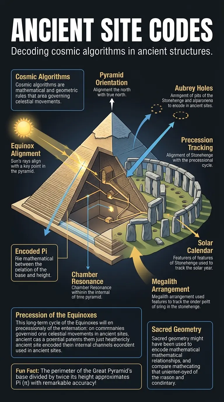 Infographic explaining how ancient sites like Stonehenge and the Great Pyramid of Giza may have encoded cosmic algorithms and astronomical knowledge.