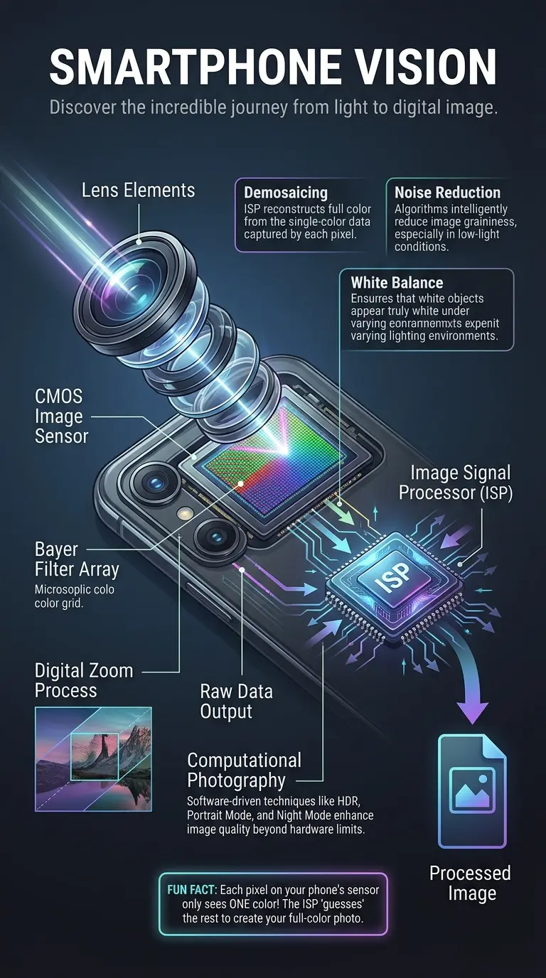 Educational infographic detailing the complex internal workings of a smartphone camera. It features a semi-realistic cutaway illustration of a camera module, highlighting components like lens elements, CMOS image sensor with Bayer filter, and the Image Signal Processor (ISP). The infographic explains concepts such as demosaicing, noise reduction, and computational photography (HDR, Night Mode, Portrait Mode) using labeled sections, directional arrows illustrating light and data flow, and explanation boxes. A fun fact is included. The design is clean, professional, and optimized for vertical viewing with a dark tech-magazine aesthetic.