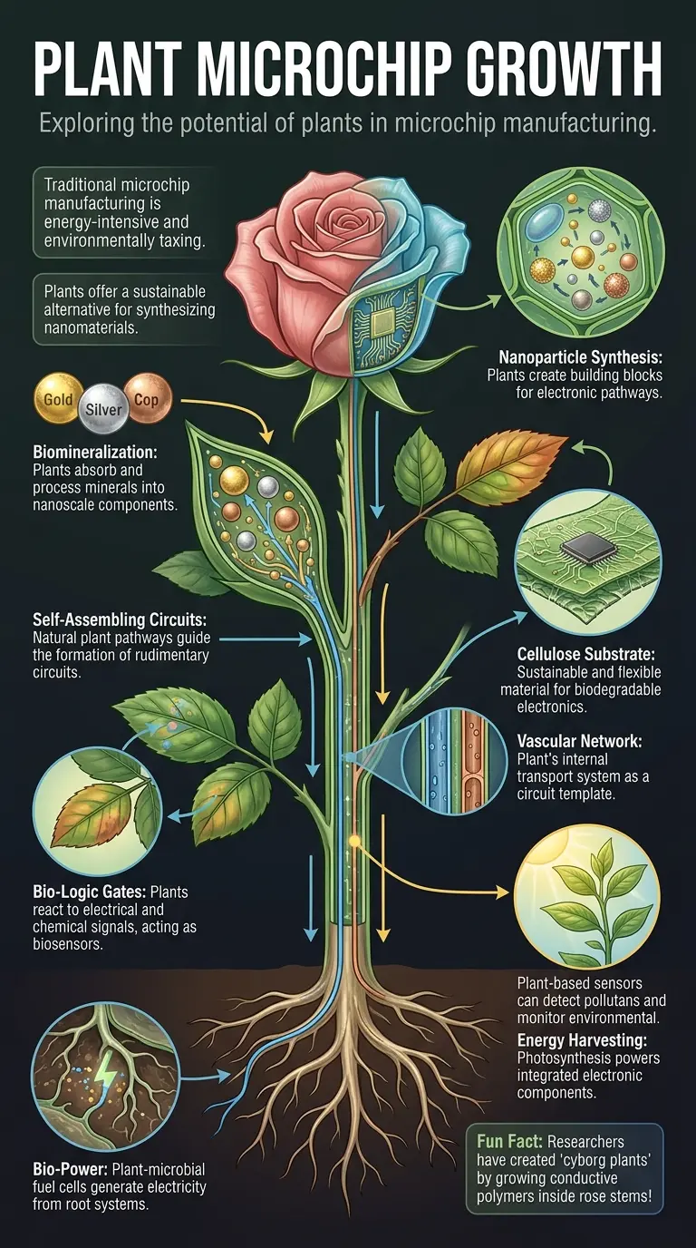 Infographic explaining how plants could potentially be used to grow microchips, highlighting biomineralization, self-assembling circuits, bio-power, and bio-logic gates.