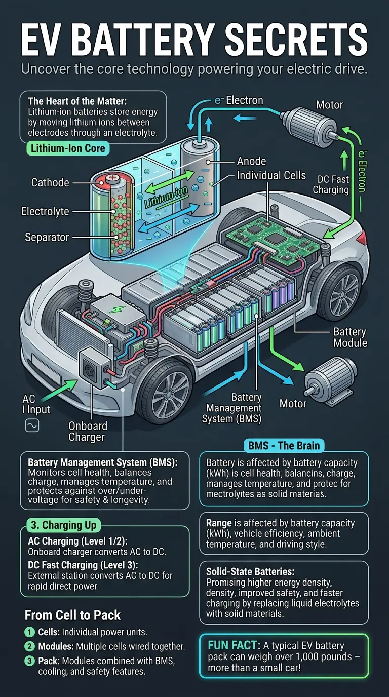 Educational infographic detailing the internal workings of electric vehicle (EV) lithium-ion batteries, including a cutaway view of the battery pack, labeled components such as cathode, anode, electrolyte, separator, individual cells, modules, battery management system (BMS), and onboard charger. The infographic illustrates ion and electron flow, explains charging types (AC vs. DC), factors affecting range, and introduces future battery technologies like solid-state batteries, optimized for SEO and image gallery indexing.