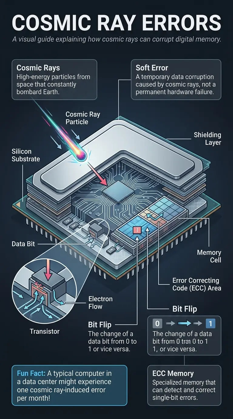 Infographic explaining how cosmic rays can corrupt digital data and memory, leading to soft errors in computers and other electronic devices.