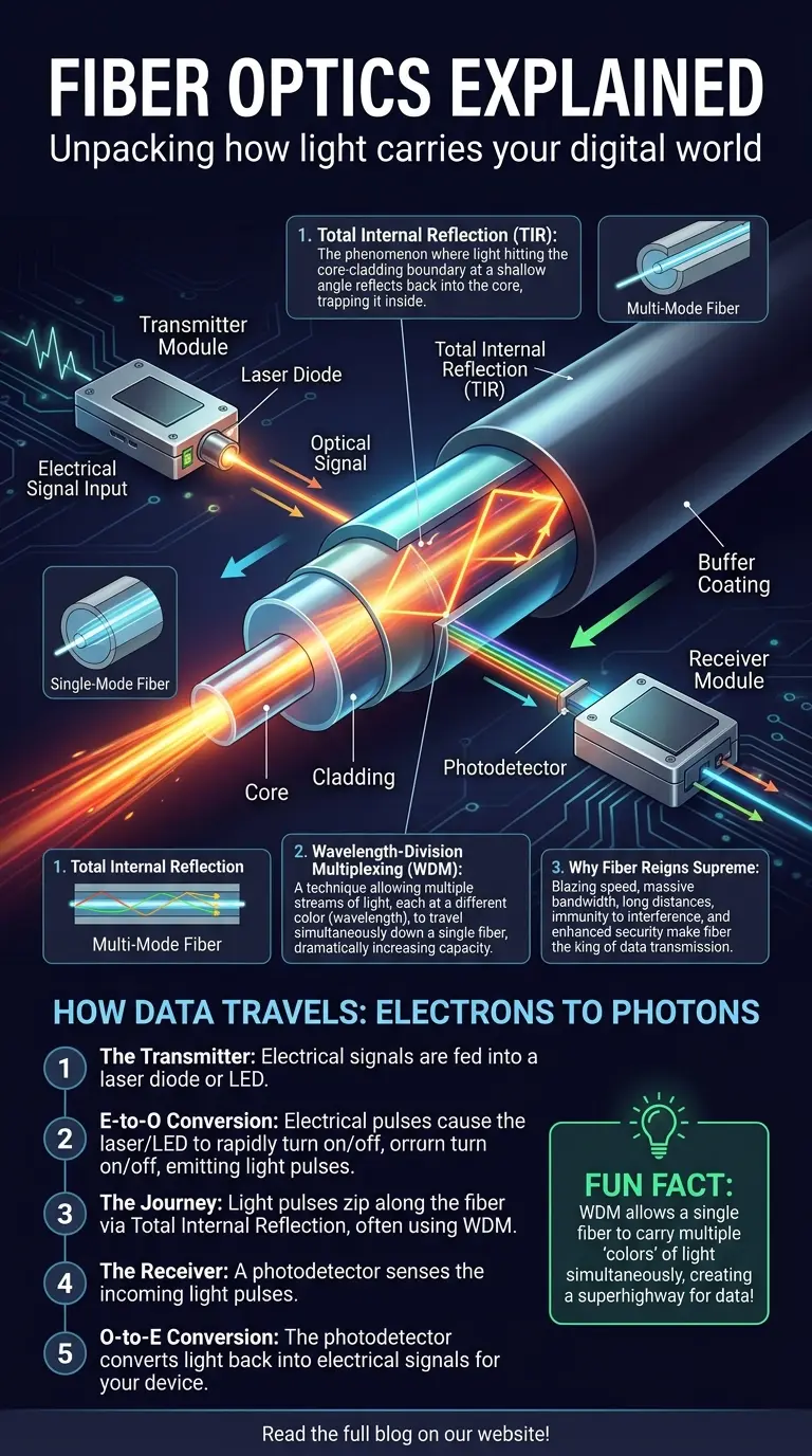Detailed infographic illustrating fiber optics technology, featuring a cutaway view of a fiber optic cable with light traveling through its core, labeled components like core, cladding, buffer, transmitter, and receiver. Explanations include total internal reflection, how data is converted from electrical to optical signals, and the benefits of fiber optic internet. Designed for educational tech enthusiasts and SEO optimized for image search.