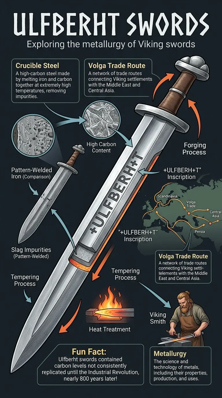 Ulfberht Swords infographic explaining the advanced metallurgy and trade routes behind these Viking Age weapons.