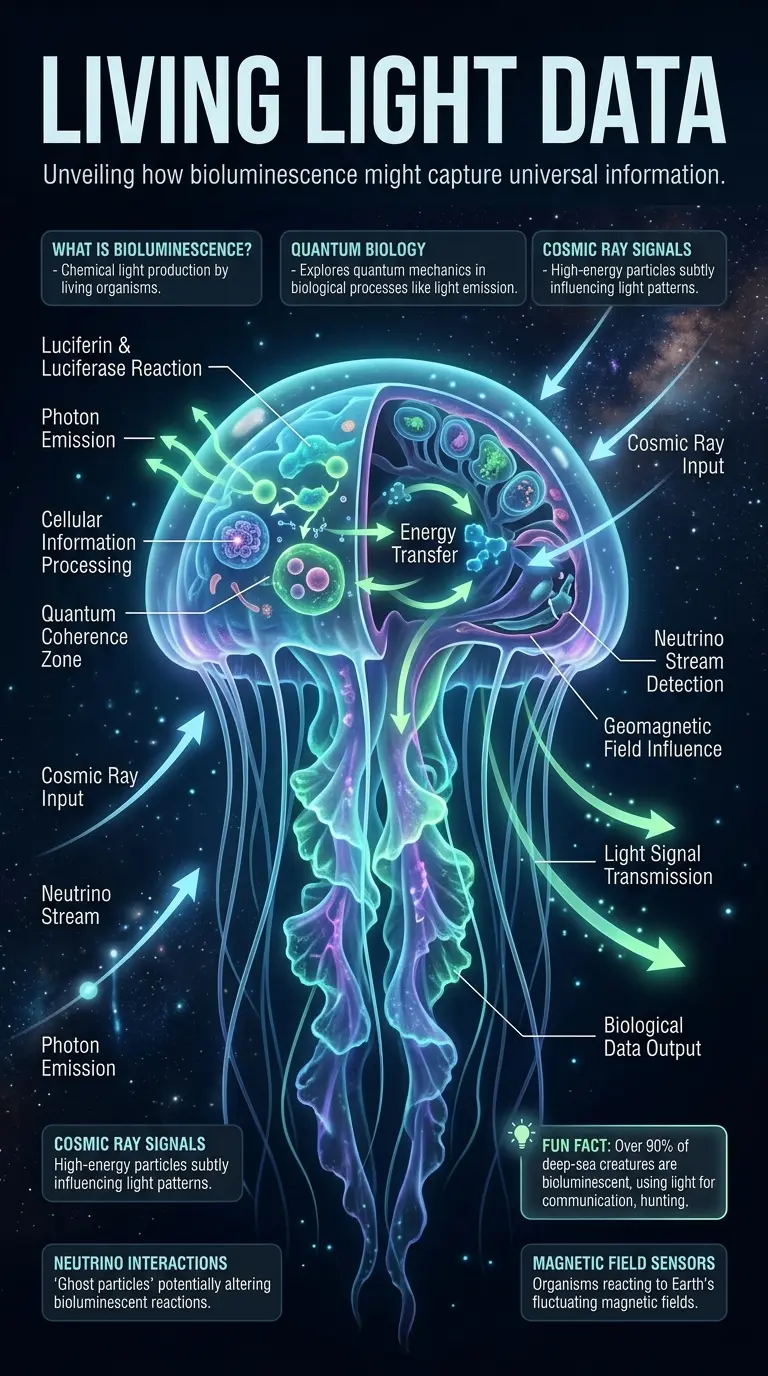 Infographic illustrating how bioluminescent organisms might encode cosmic data, featuring a glowing deep-sea jellyfish with internal cutaway views, labeled components like luciferin and luciferase, arrows showing information flow from cosmic rays and neutrinos, and explanation boxes on quantum biology and cosmic influences. Designed in an educational tech magazine style with a dark background for vertical viewing.
