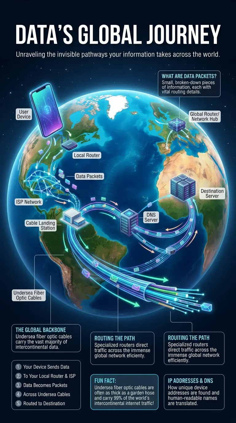 Educational infographic illustrating how data instantly crosses continents. Features a semi-realistic cutaway view of the Earth showing glowing data pathways, undersea fiber optic cables, local routers, ISP networks, and destination servers. Labeled components explain the data journey, including data packets, IP addresses, and DNS. Directional arrows indicate data flow. Includes explanation boxes for key concepts, a numbered step-by-step process, and a highlighted fun fact about internet infrastructure. Designed in an educational tech magazine style with a modern color palette for high visual clarity.