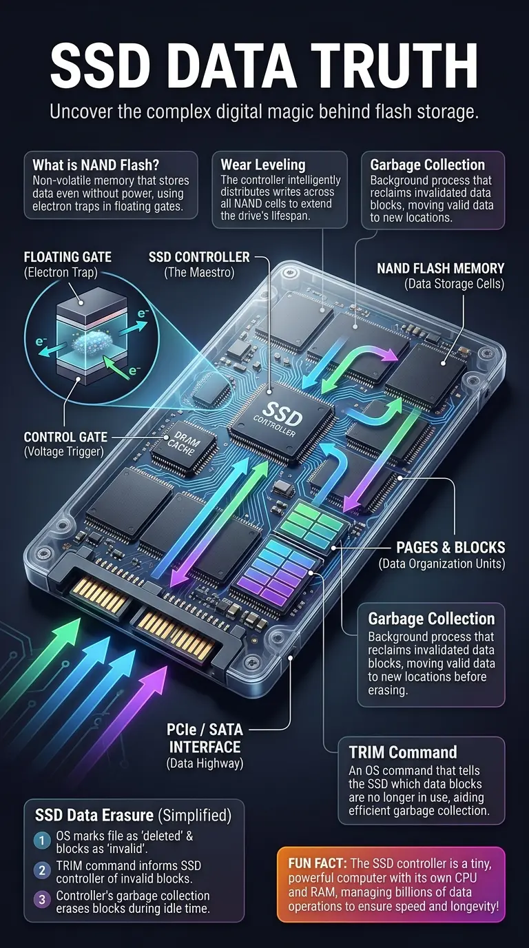 Educational infographic detailing how SSDs work, including NAND flash memory, SSD controller functions like wear leveling and garbage collection, and the process of data erasure. Features a cutaway view of an SSD with labeled components and data flow arrows.
