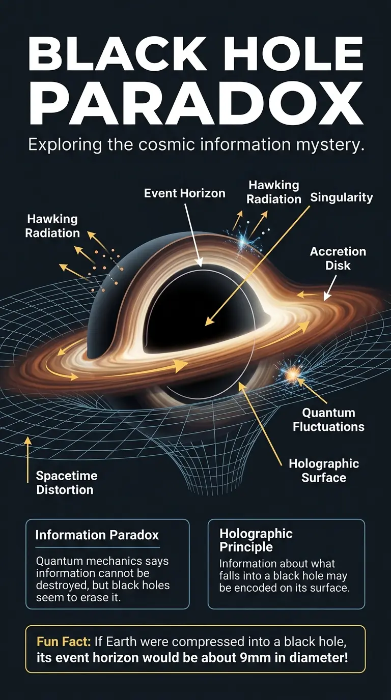 Infographic explaining the black hole information paradox, exploring potential solutions like Hawking radiation, the holographic principle, and firewalls.