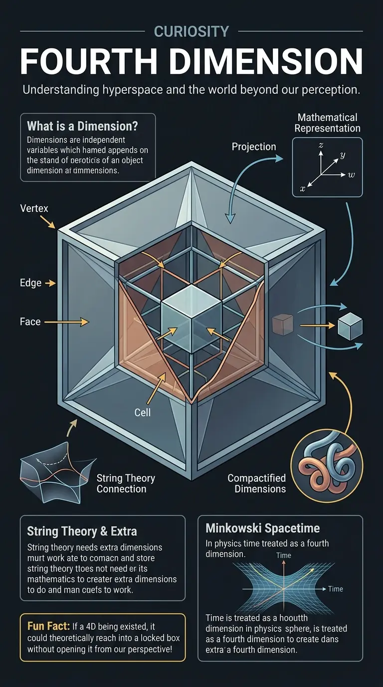 Educational infographic explaining the concept of the fourth dimension, including mathematical representations, string theory, and potential for perception.