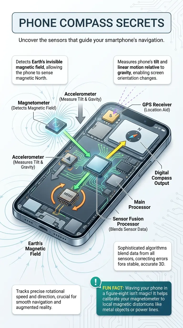 Educational infographic detailing how a smartphone's internal sensors – magnetometer, accelerometer, and gyroscope – combine data through sensor fusion to accurately determine which way is North. Includes explanations of key components, their functions, and a fun fact about calibration.