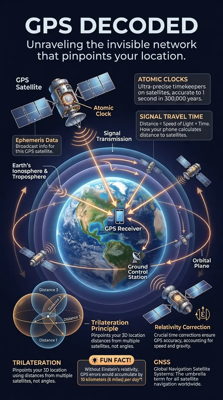 Educational infographic detailing the Global Positioning System (GPS), explaining how satellites pinpoint exact locations on Earth. Features orbiting satellites, atomic clocks, signal transmission, trilateration, and the impact of Einstein's relativity on GPS accuracy. Designed for social media to explain complex technology for image gallery indexing.