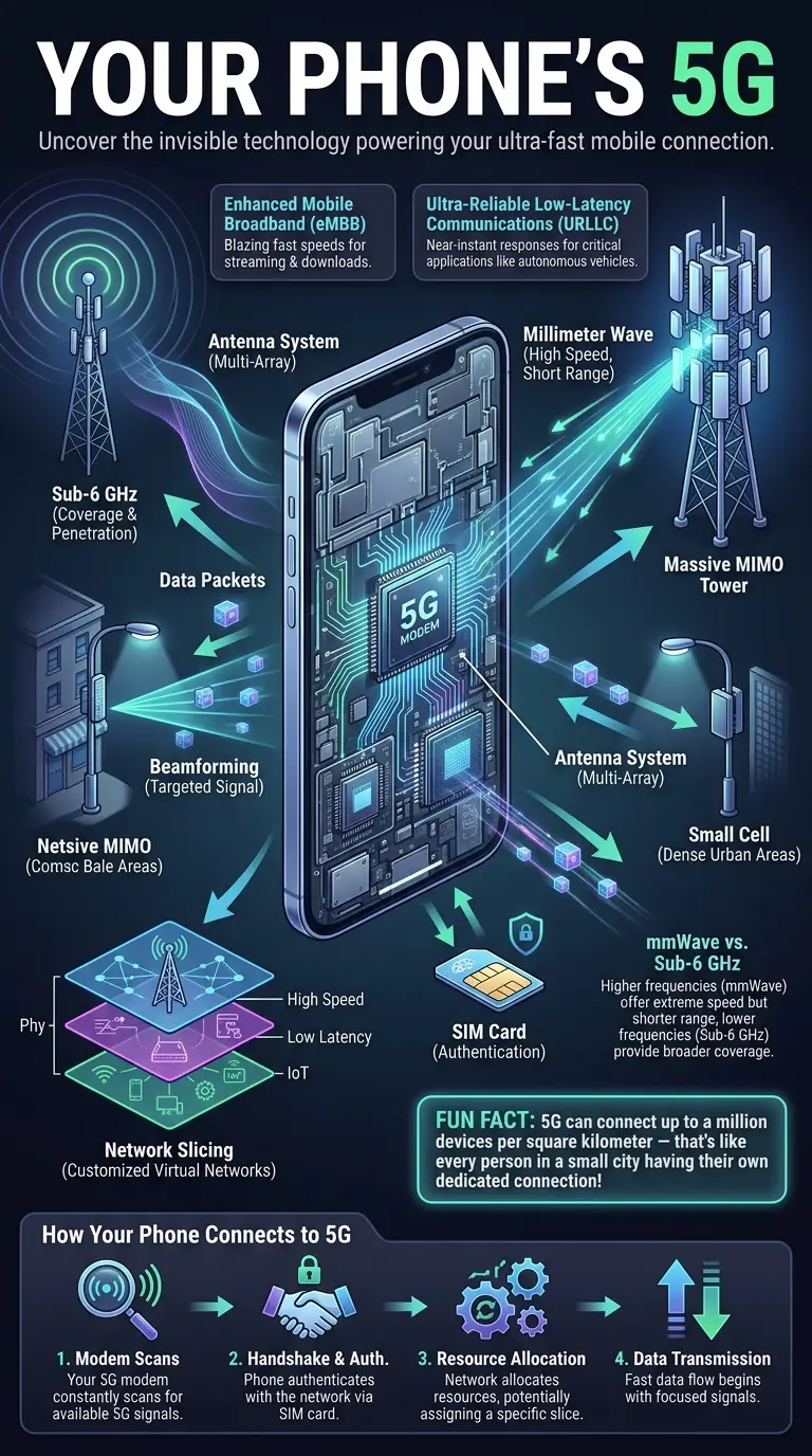Educational infographic detailing how 5G technology works, featuring a transparent smartphone, cell towers, small cells, and visual explanations of core components like Massive MIMO, Beamforming, and Network Slicing for ultra-fast mobile internet.