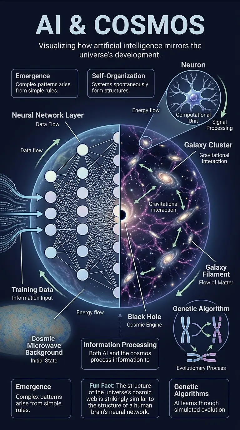 Infographic illustrating the parallels between the evolution of artificial intelligence and the evolution of the cosmos, highlighting self-organization, emergent complexity, and information processing.