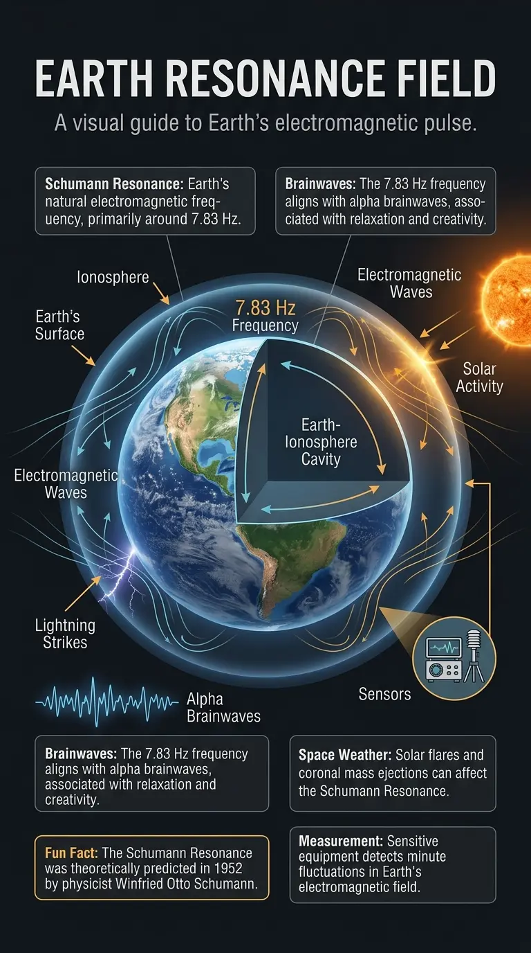 Detailed infographic explaining the Schumann Resonance, its connection to Earth's electromagnetic field, brainwaves, and potential technological applications.