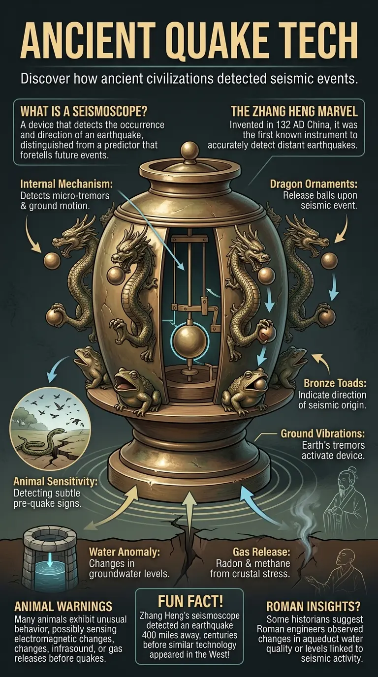 Infographic detailing ancient earthquake detection methods, featuring the Zhang Heng Seismoscope, animal behavior, and Roman observations. Explores lost technologies and seismic foresight from early civilizations for image gallery indexing.