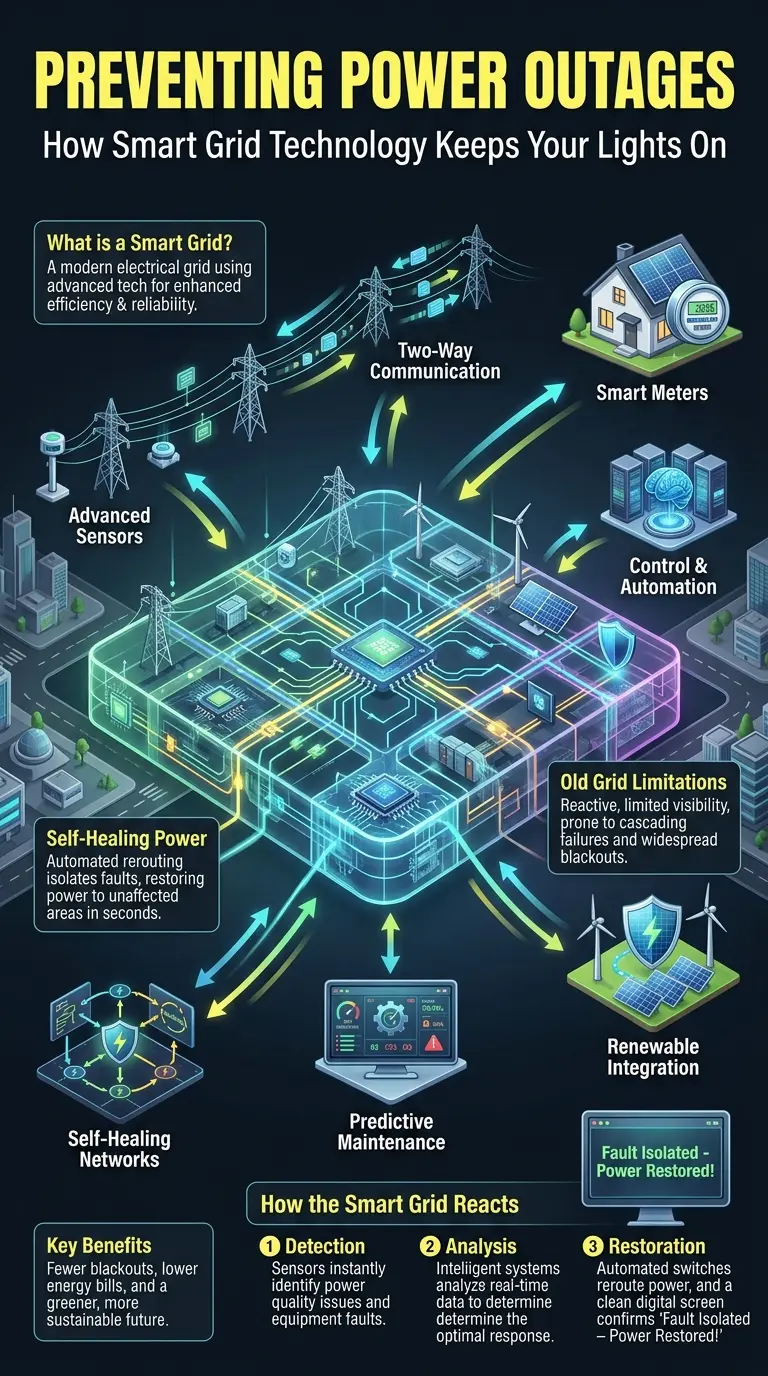 Educational infographic detailing the Smart Grid's role in preventing power outages. Visual explanation of advanced sensors, two-way communication, smart meters, and automation within a modern electrical network. Shows how smart grid technology improves reliability, efficiency, and integrates renewable energy, presented in a dark, tech-magazine style. Keywords: smart grid, power outages, energy, electricity, technology, blackout prevention, renewable energy, smart meters, automation, utility.