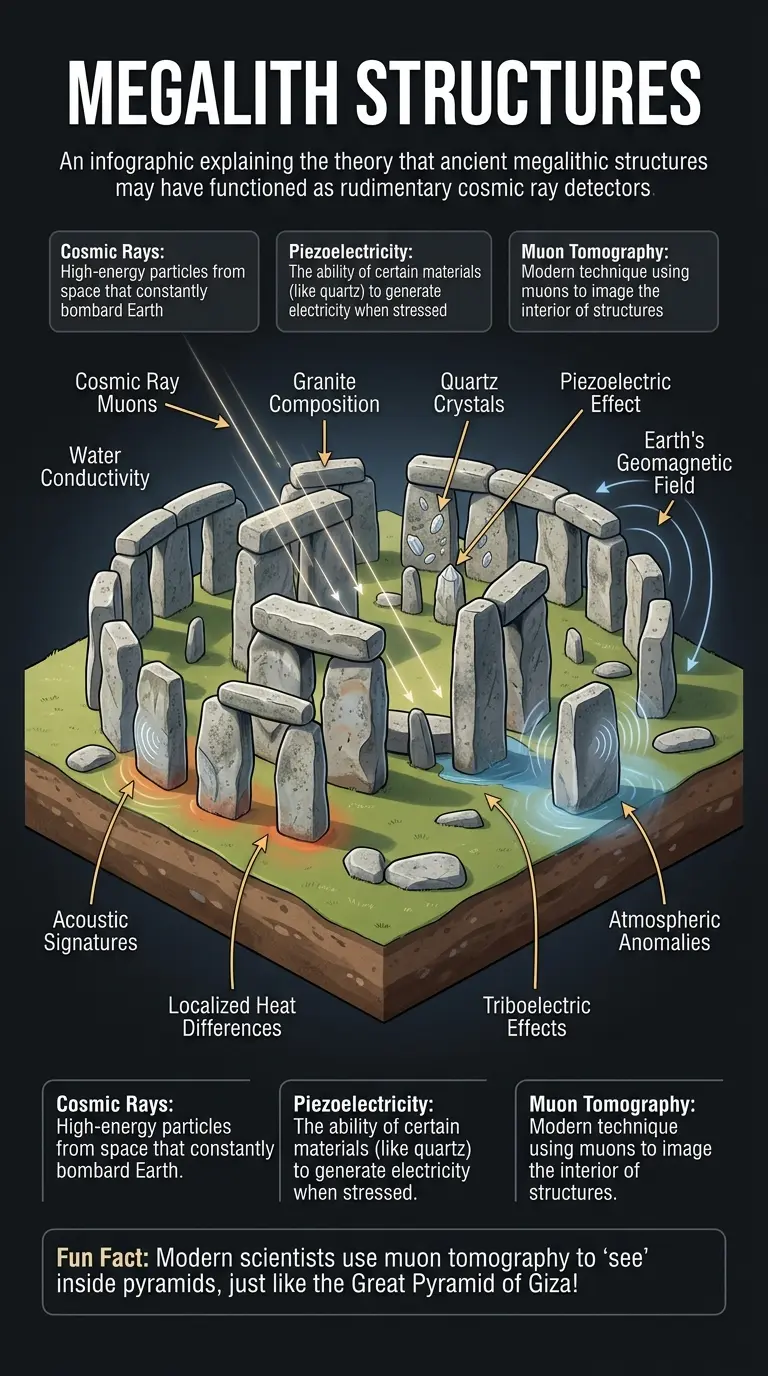 Infographic explaining the theory that ancient megalithic structures like Stonehenge may have functioned as rudimentary cosmic ray detectors.