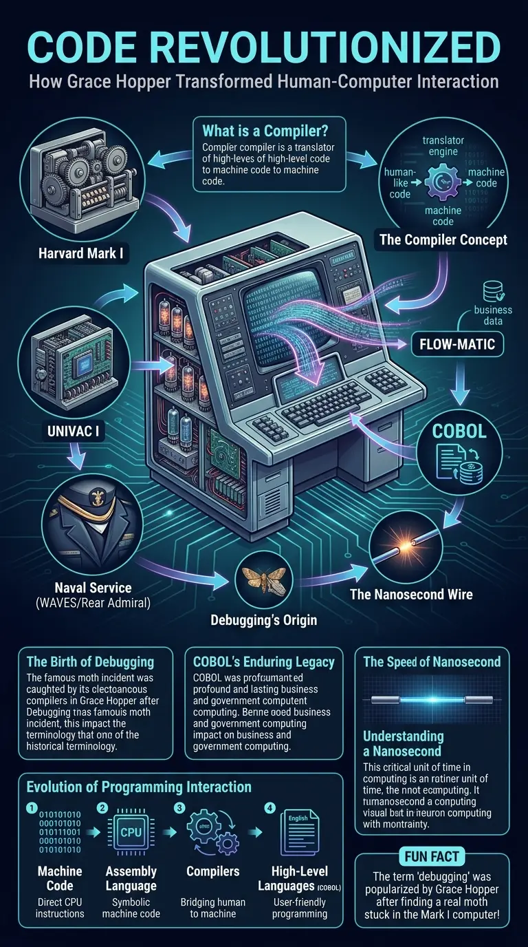 Infographic detailing the life and innovations of Rear Admiral Grace Hopper, featuring a central illustration of a vintage computer with cutaway views. Key components like the Harvard Mark I, UNIVAC I, the compiler concept, FLOW-MATIC, and COBOL are labeled and visually connected. Includes explanations of debugging, high-level languages, and a fun fact about the origin of 'debugging'. The infographic highlights her journey from academia to the U.S. Navy, showcasing her pivotal role in making computers accessible through automatic programming and language standardization. Optimized for educational insights into computing history.