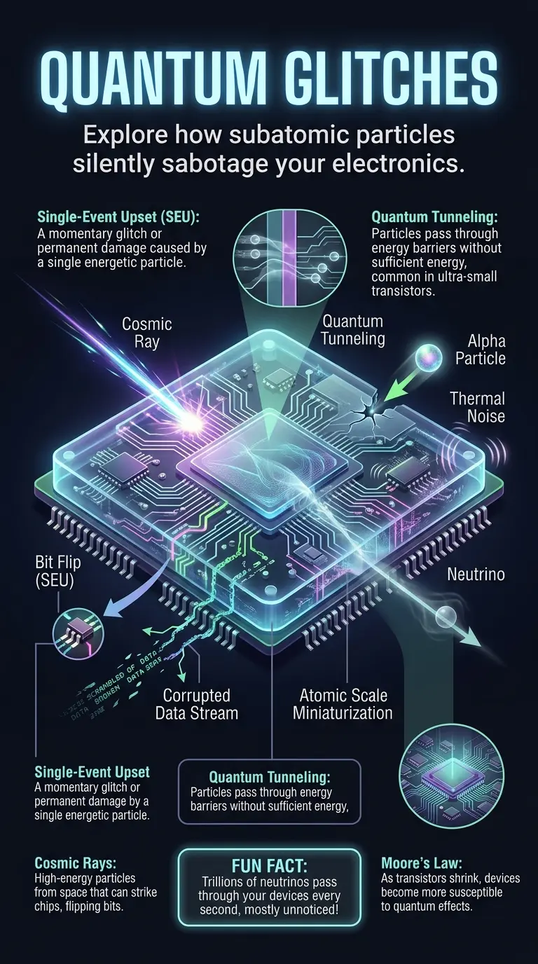 Infographic explaining how rogue quantum particles like cosmic rays, quantum tunneling, thermal noise, alpha particles, and neutrinos can cause glitches and data corruption in modern electronics and microchips. Features a cutaway view of a glowing circuit board with labeled components, directional arrows, and educational explanations. Designed in an educational tech magazine style for social media.